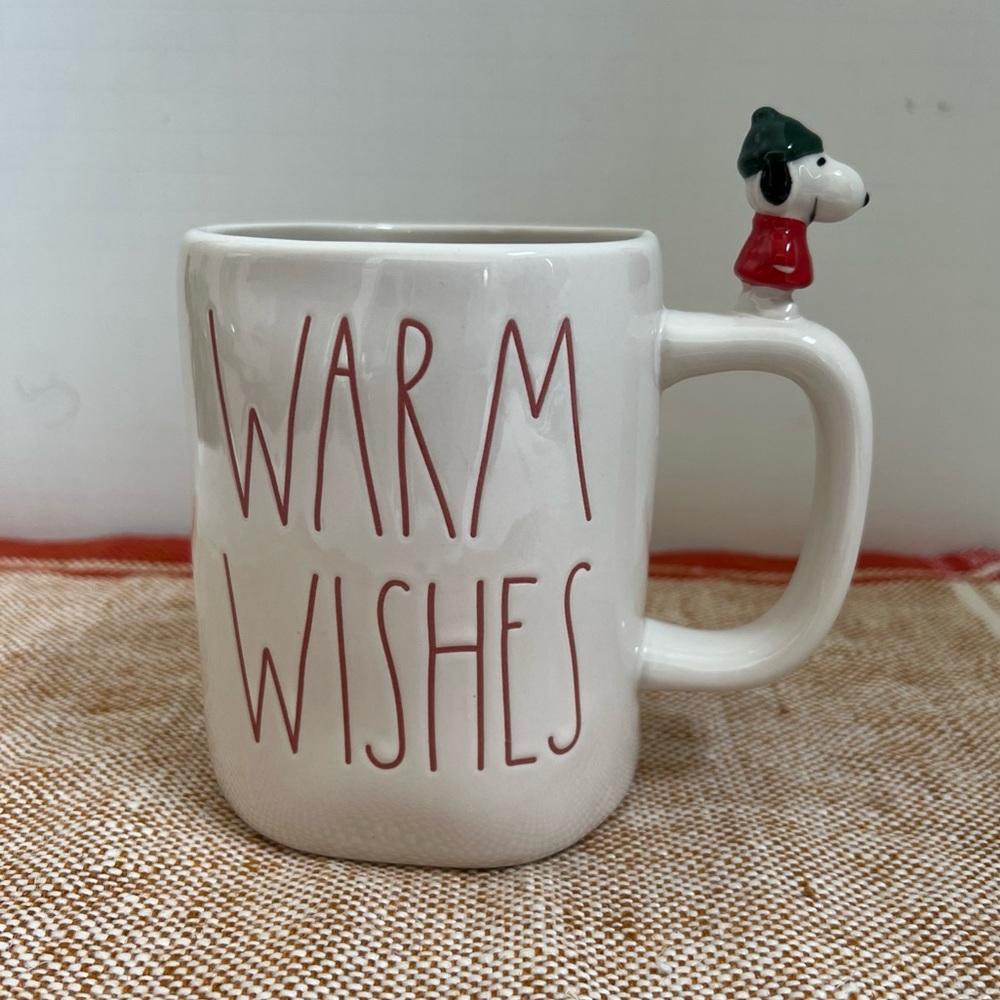 Rae Dunn Mug WARM WISHES Snoopy Peanuts Large Coffee Cup Ceramic Cocoa Tea